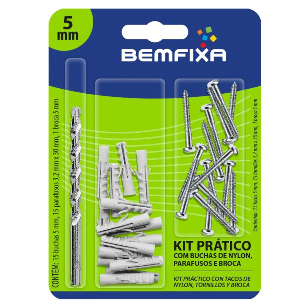 Kit Fixação Prático 5mm com Bucha Parafuso e Broca Bemfixa