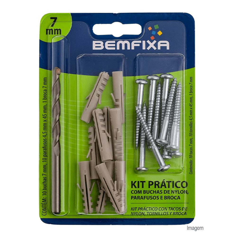 Kit Fixação em Aço Prático Parafuso/Broca/Bucha 7mm Bemfixa