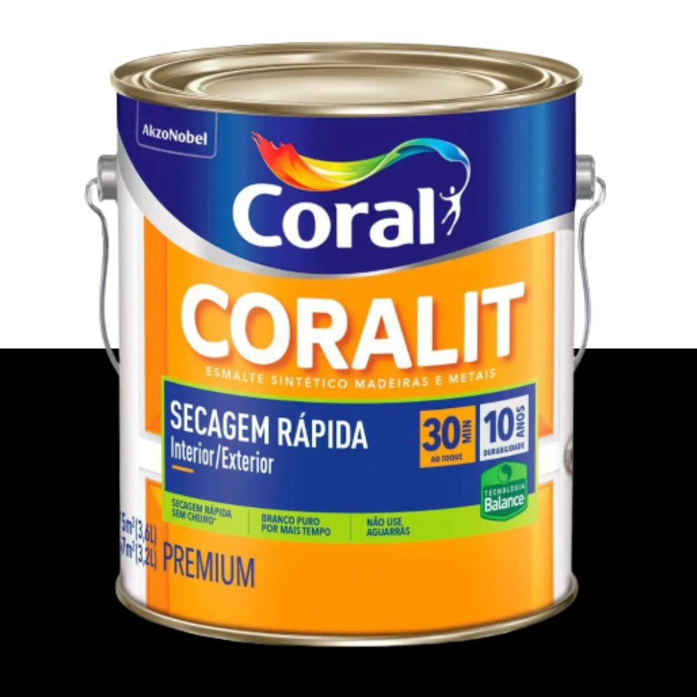Esmalte Sintético Coralit Secagem Rápida Balance Brilhante Preto 3.6L Coral
