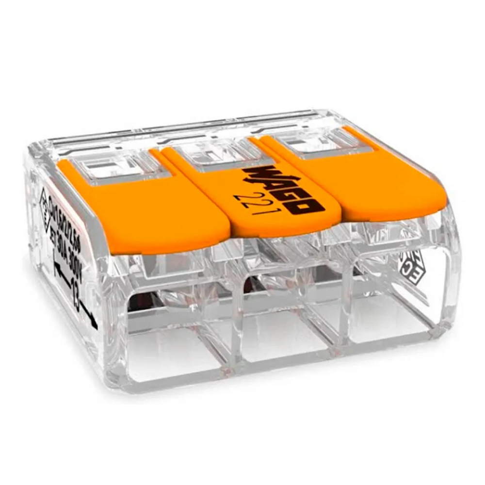 Conector de emenda para condutores de até 4mm² com 3 entradas Wago