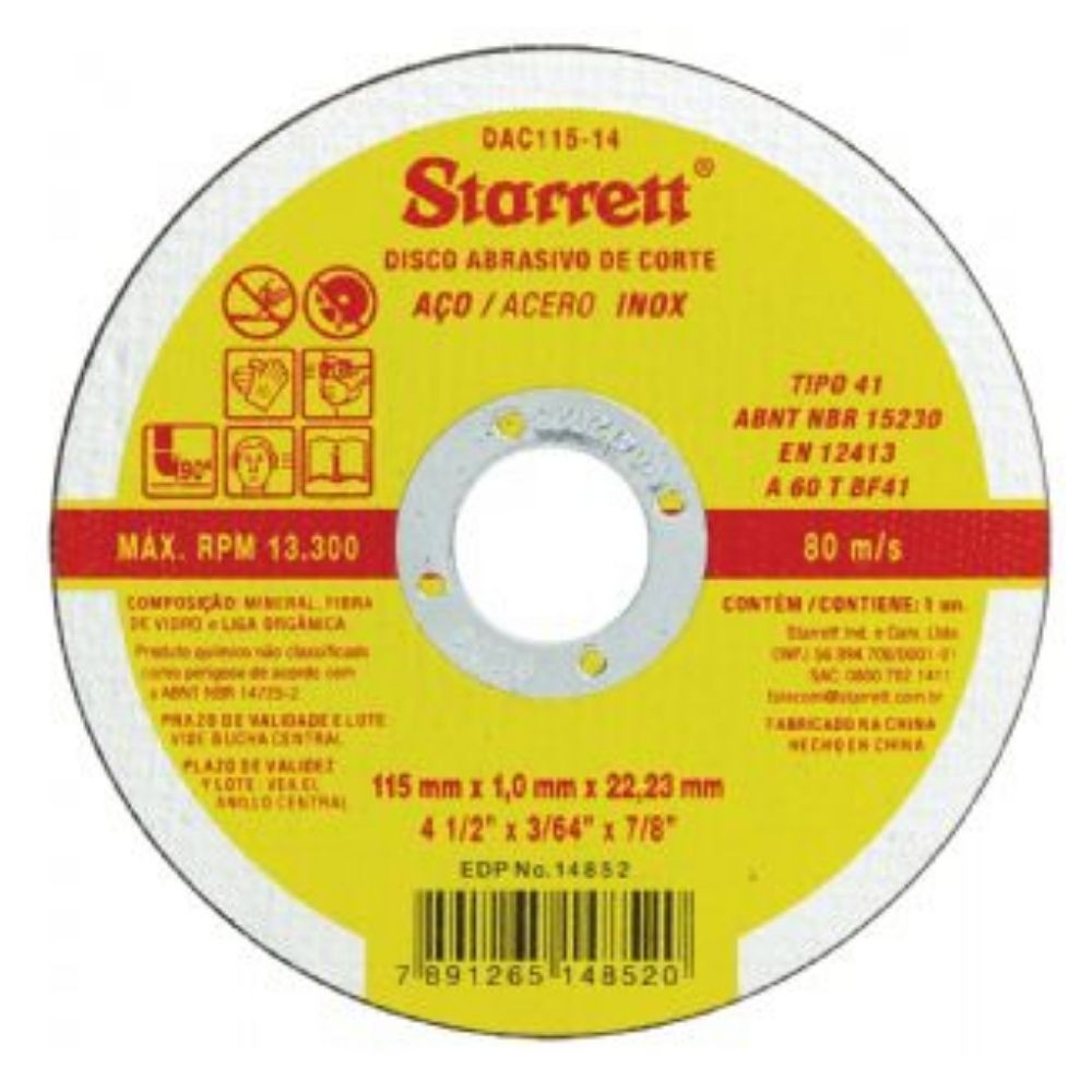 Disco Abrasivo Corte 115x1,0x22,MM Starret 