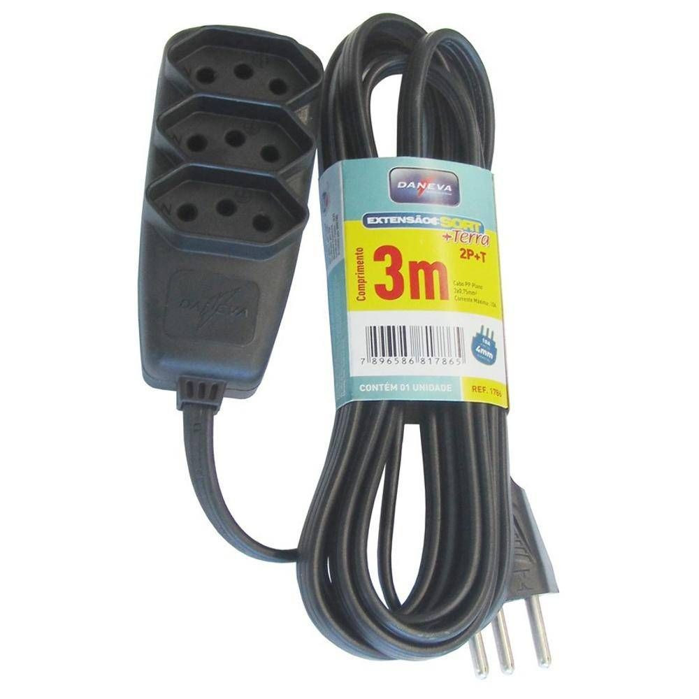 EXTENSAO SORT PP 3X0.75 3 TOMADAS 3 METROS PRETO DANEVA