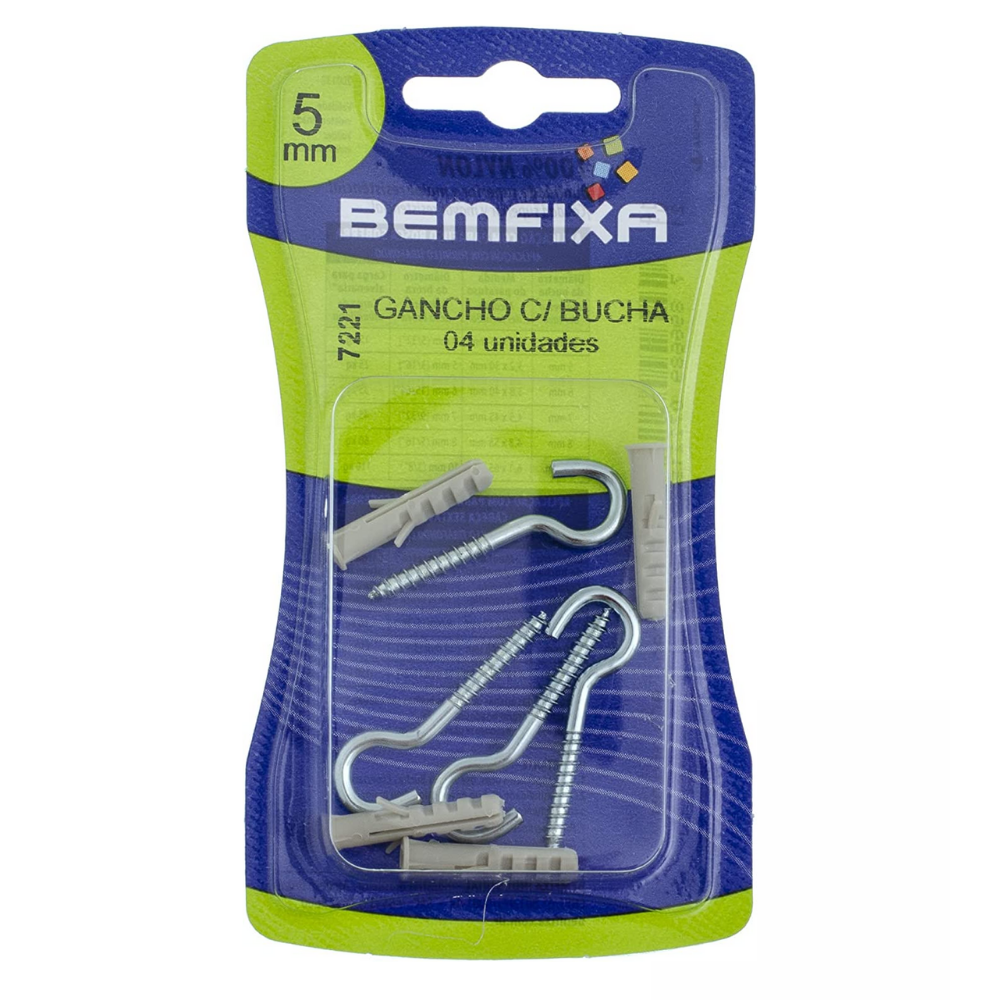 Gancho Zincado com Bucha de Nylon com Anel 5mm com 4 unidades Bemfixa