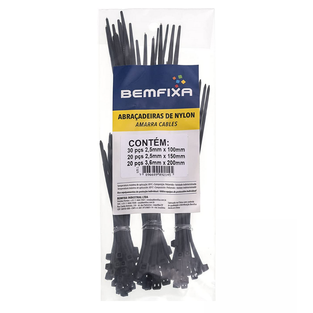 Kit de Abraçadeiras de Nylon 100mm, 150mm e 200mm Preta 70 Peças Bemfixa