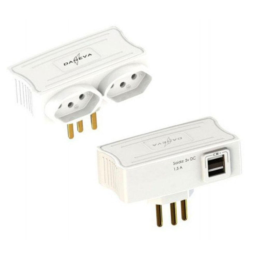 Plug Carregador Mult com 2 USB + 2 Tomadas Branco DANEVA