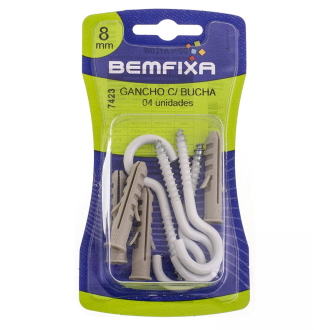 Gancho Branco com Bucha com Anel 8mm 4 unidades Bemfixa