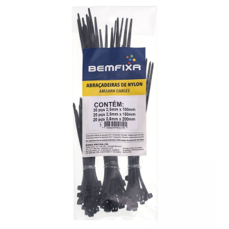 Kit de Abraçadeiras de Nylon 100mm, 150mm e 200mm Preta 70 Peças Bemfixa
