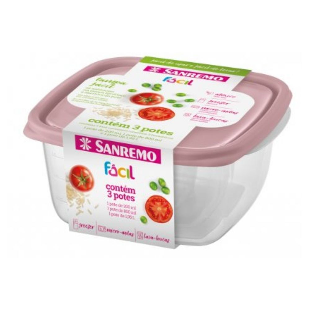 Conjunto com 3 Potes Plástico 200ml, 800ml e 1.95L Sanremo