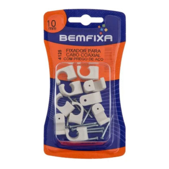 Fixador para Cabo Coaxial 10mm C/Prego de Aço Branco Bemfixa