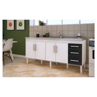 Gabinete Flex Cozinha 1.74m Para Pia 1.80m Branco/Preto MGM 