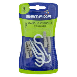 Gancho Branco Com Bucha Com Anel 6MM Com 4 Unidades Bemfixa