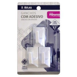 Gancho Quadrado Adesivo 0.3KG Plastico Com 3 Unidades Branco Primafer